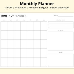 Planificador mensual, Plantilla de calendario en blanco, Resumen del mes, Mes de un vistazo, Lista de tareas, Planificador de productividad, Imprimible/Digital, A4/Carta