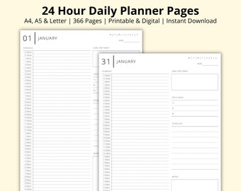 May include: Two printable daily planner pages with a 24-hour schedule, space for goals, top 3 tasks, a to-do list, and notes. The pages are labeled "01 JANUARY" and "31 JANUARY".