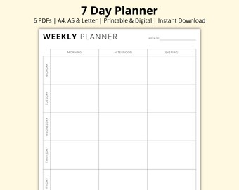 7 Day Planner, Week at a Glance, Weekly Planner Template, AM-PM Weekly Tasks List, Productivity Planner, Printable/Digital PDF, A4/A5/Letter