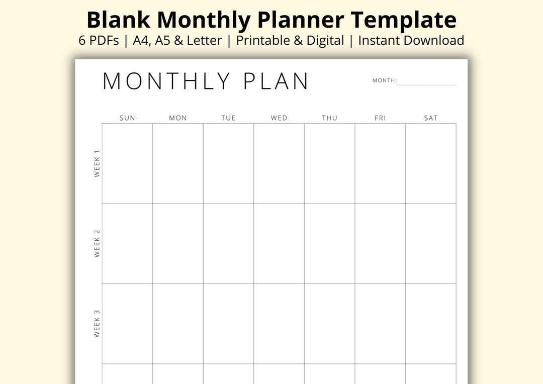 Blank Monthly Planner Template, Undated Monthly Calendar Pages, Month ...