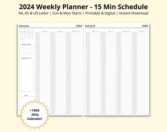 2024 Weekly Planner, 2024 Calendar, Dated 2024 Yearly Planner, 2024 Diary, 15 Minute Planner, 7 Day Schedule, Printable/Digital,A4/A5/Letter