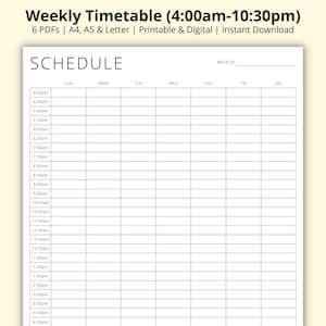 Weekly Timetable, 30 Minute Interval Planner Template, Appointment Sheet, Revision/Study Schedule Tracker, Printable/Digital, A4/A5/Letter
