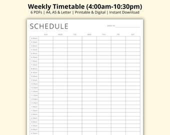 Weekly Timetable, 30 Minute Interval Planner Template, Appointment Sheet, Revision/Study Schedule Tracker, Printable/Digital, A4/A5/Letter