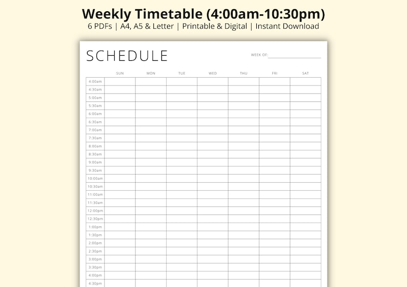 Weekly Timetable, 30 Minute Interval Planner Template, Appointment Sheet, Revision/Study Schedule Tracker, Printable/Digital, A4/A5/Letter image 1