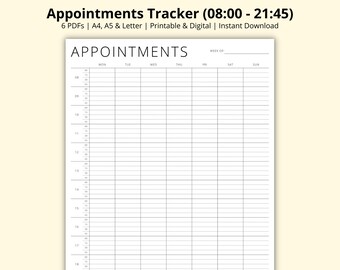 Appointments Tracker, 15 Minute Appointment Book PDF, Appointment Sheet Diary, 8am-10pm, Military Time, Printable/Digital, A4/A5/Letter