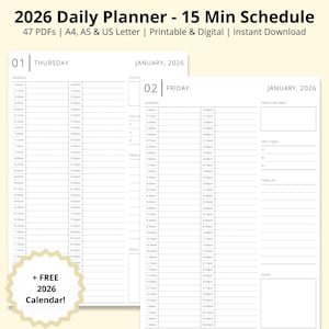 May include: A digital planner for 2026 with a 15-minute schedule layout. The white pages display daily schedules for Thursday and Friday in January. The planner is available in A4, A5, and US Letter sizes, and includes a free 2026 calendar.