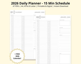 2026 Tagesplaner, Datierter Jahreskalender, 2026 Kalenderseiten, 15-Minuten-Planer, Zeitblocking PDF, druckbares/Digitales Tagebuch, A4/A5/Letter