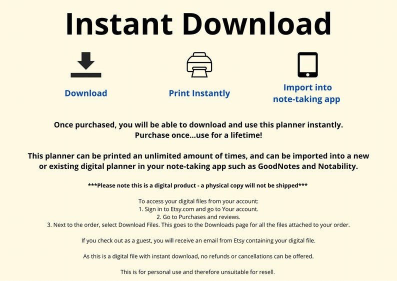 Puede incluir: Un planificador digital que se puede descargar e imprimir un n&uacute;mero ilimitado de veces. El planificador tambi&eacute;n se puede importar a una aplicaci&oacute;n para tomar notas como GoodNotes o Notability. El texto de la imagen dice "Descarga instant&aacute;nea" y "Compra una vez...usa de por vida!"