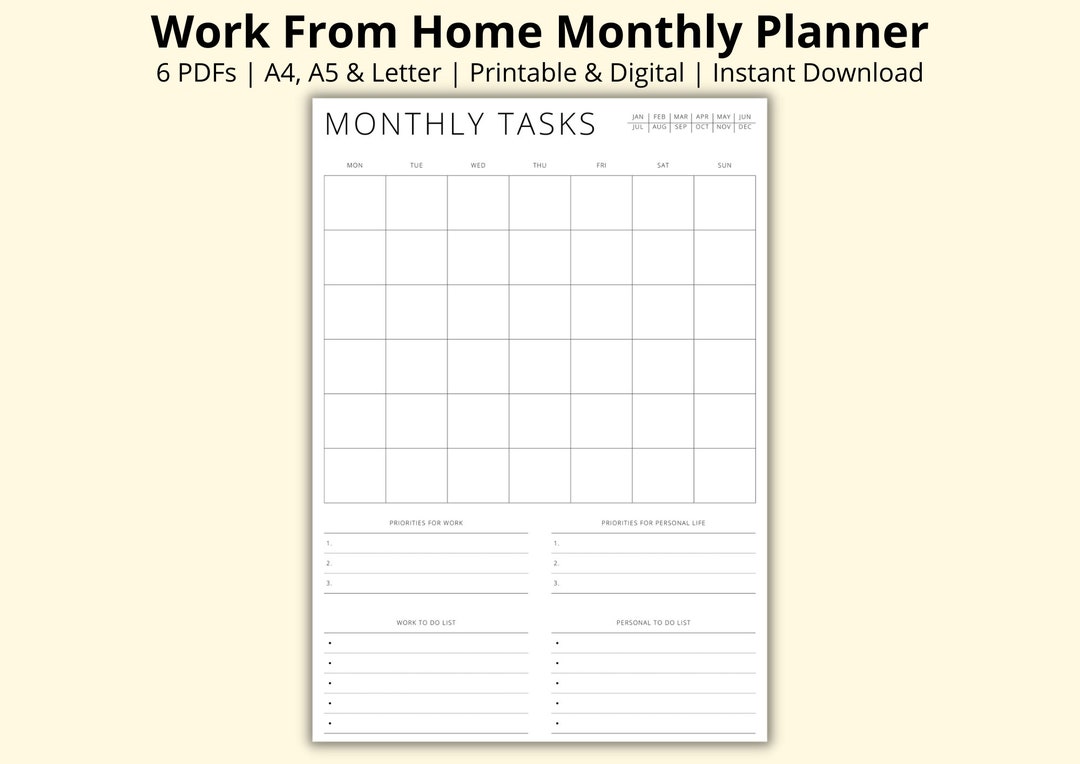Work From Home Monthly Planner, Monthly Planner Template, Month at a ...