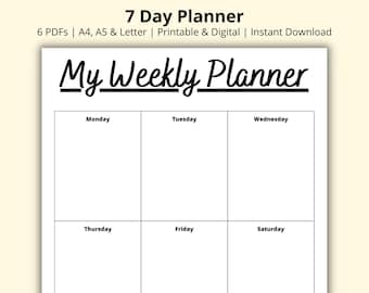 7 Day Planner, Weekly Planner PDF, Week at a Glance, Weekly Overview, Undated Planner, Productivity Planner, Printable/Digital, A4/A5/Letter