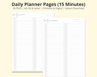 Daily Planner Pages, 15 Minute Schedule, 365 Day Diary, Time Blocking PDF, 15 Minute Appointment Book, Printable/Digital, A4/A5/Letter