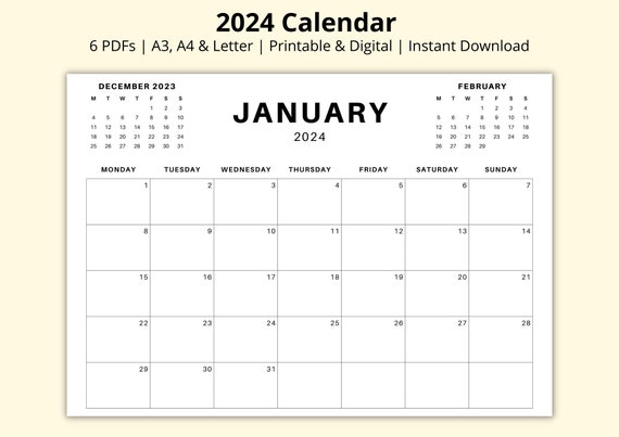 Calendrier 2024 3 mois par page, simple calendrier paysage PDF, agenda  annuel 12 mois, aperçu du mois, imprimable/numérique, A4/A3/Lettre -   France