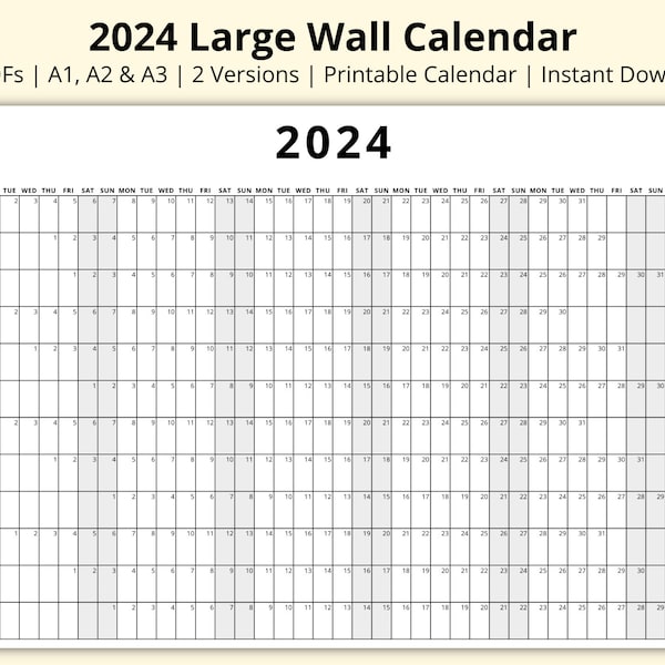 2024 Large Wall Calendar, Annual Planner, Year at a Glance, Large Office/Work Planner,  Landscape/Horizontal, Printable Calendar, A1/A2/A3