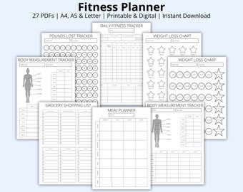 Fitness Planner Bundle, Workout & Fitness Journal, Weight Loss Charts, Meal Planning, Health Goal Tracker, Printable/Digital, A4/A5/Letter