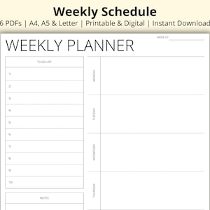 Weekly Schedule, Blank 7 Day Planner PDF, Weekly Overview, Week at a Glance Template, Productivity Planner, Printable/Digital, A4/A5/Letter