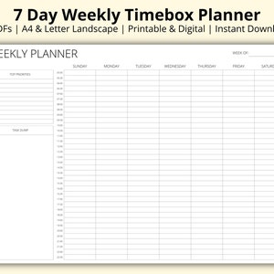 Peut inclure: Un planificateur hebdomadaire noir et blanc avec une mise en page en grille pour planifier les tâches. Le planificateur comprend des sections pour les priorités principales et le vidage des tâches. Les jours de la semaine sont listés en haut : dimanche, lundi, mardi, mercredi, jeudi, vendredi et samedi. Le planificateur a une section pour la semaine du.
