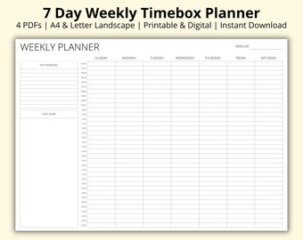 7 Day Weekly Timebox Planner, Weekly Time Block, Week at a Glance, Weekly Schedule, Half Hourly Weekly Planner, Printable/Digital, A4/Letter
