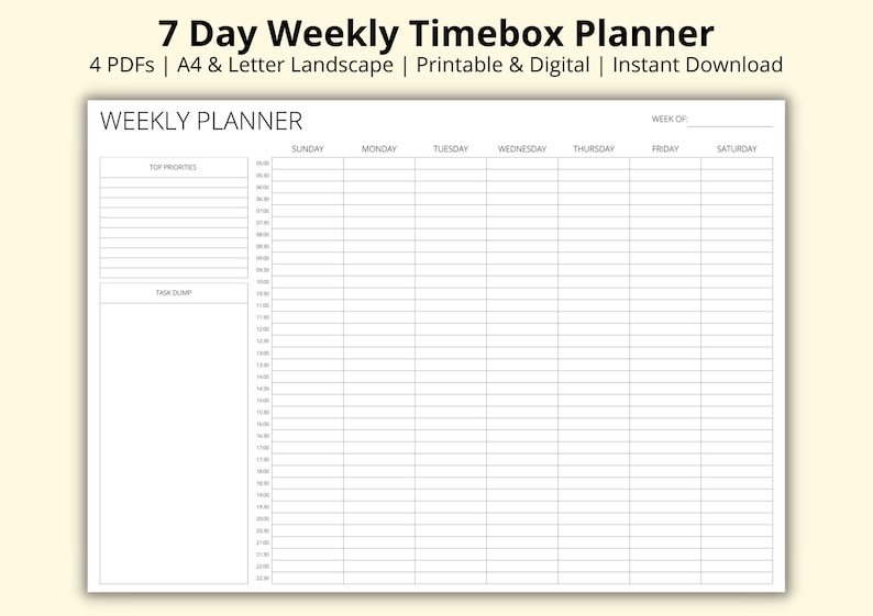 Time Box Week 7 Day Weekly Timebox Planner, Weekly Time Block, Week at a Glance ...
