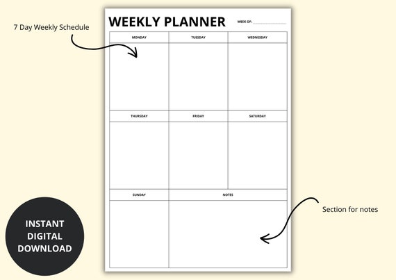 Printable 7 Day Weekly Planner Template, Digital 7 Day Weekly