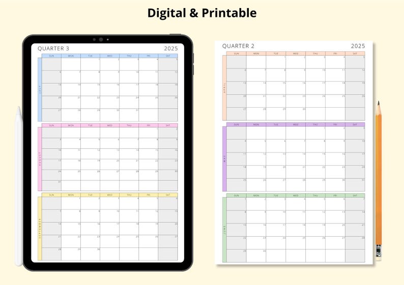 2025 Calendar, 3 Months per Page, Quarterly Planner, 12 Month Calendar ...