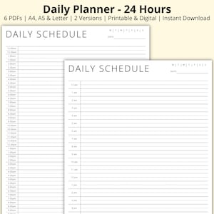 Könnte beinhalten: Zwei leere Tagesplanvorlagen mit einem 24-Stunden-Zeitformat. Die Vorlagen sind für die Verwendung als Tagesplaner konzipiert. Der Text "DAILY SCHEDULE" erscheint oben auf jeder Vorlage.
