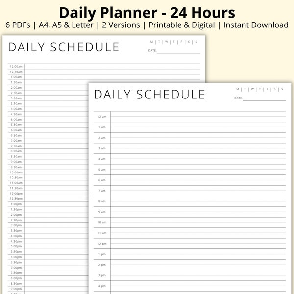 Daily Planner, 24 Hour Planner, 30 Minute Schedule, Time Blocking PDF, Day Schedule Template, Daily Overview, Printable/Digital,A4/A5/Letter