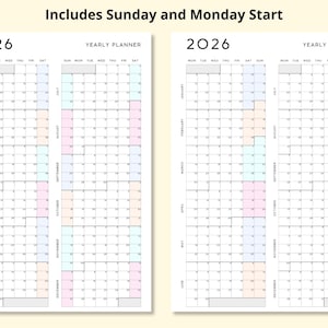 K&ouml;nnte beinhalten: Zwei Jahresplaner 2026 mit Sonntags- und Montagsbeginn. Jeder Planer hat ein Rasterlayout mit Monaten und Tagen und enth&auml;lt farbcodierte Abschnitte. Der Text "Includes Sunday and Monday Start" steht oben.