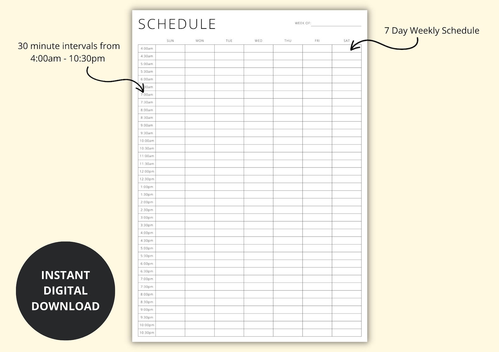 Weekly Timetable, 30 Minute Interval Planner Template, Appointment ...
