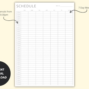 Weekly Timetable, 30 Minute Interval Planner Template, Appointment Sheet, Revision/Study Schedule Tracker, Printable/Digital, A4/A5/Letter image 2