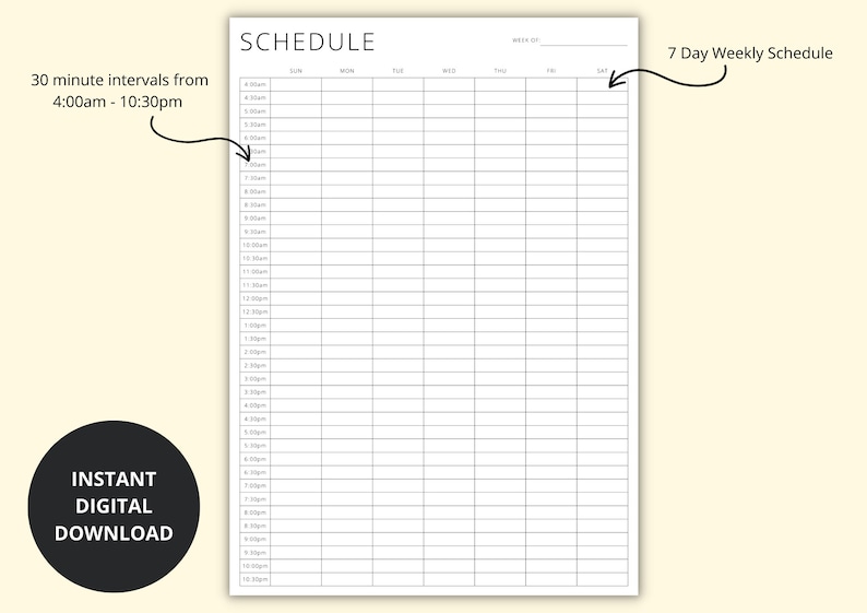 Weekly Timetable, 30 Minute Interval Planner Template, Appointment Sheet, Revision/Study Schedule Tracker, Printable/Digital, A4/A5/Letter image 2