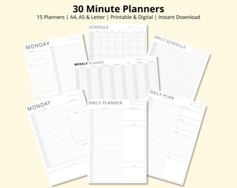 Peut inclure: Plusieurs planificateurs blancs de 30 minutes avec différents formats, tels que quotidiens, hebdomadaires et horaires. Les planificateurs sont disponibles en formats A4, A5 et lettre, imprimables et numériques. Le mot "LUNDI" est visible sur deux pages.