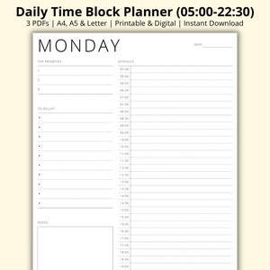 Daily Time Block Planner, 7 Day Planner Template, 30 Minute Day Schedule, Hourly Planner, Time Management, Printable/Digital, A4/A5/Letter