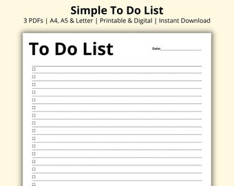 Simple To Do List, Daily Tasks List Template, Day Planner, Blank Daily Checklist PDF, Productivity Planner, Printable/Digital, A4/A5/Letter
