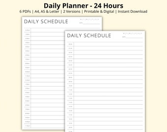Könnte beinhalten: Zwei leere Tagesplanvorlagen mit einem 24-Stunden-Zeitformat. Die Vorlagen sind für die Verwendung als Tagesplaner konzipiert. Der Text "DAILY SCHEDULE" befindet sich oben auf jeder Vorlage.