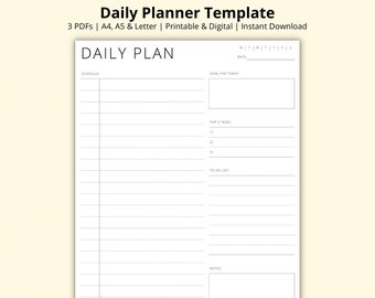 Daily Planner Template, Blank Planner, Time Blocking, Hourly Schedule, Tasks List, Productivity Planner, Printable/Digital, A4/A5/Letter