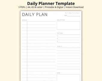 May include: A white daily planner template with the text "Daily Plan" at the top. The planner includes sections for schedule, goal for today, top 3 tasks, to-do list, and notes. The text "Daily Planner Template" is at the top.