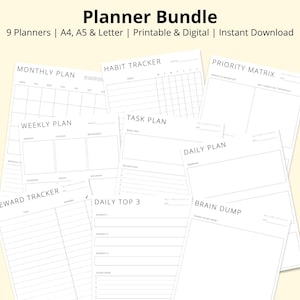 Planner Bundle - Daily Weekly Monthly Planners, Brain Dump, Tasks Lists, Printable/Digital, Productivity Planner Templates PDF, A4/A5/Letter
