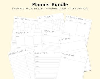 Planner Bundle - Daily Weekly Monthly Planners, Brain Dump, Tasks Lists, Printable/Digital, Productivity Planner Templates PDF, A4/A5/Letter