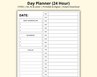 Day Planner, 24 Hour Schedule, Daily Planner Template, 60 Minute Intervals, Time Block PDF, Time Management, Digital/Printable, A4/A5/Letter