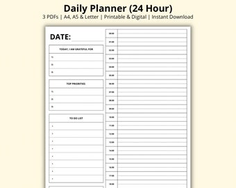 Daily Planner, Half Hourly Schedule, 24 Hour Planner Template, Daily To Do List, Productivity Planner, Digital/Printable PDF, A4/A5/Letter
