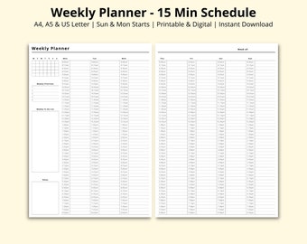 15 Minute Weekly Schedule, Time Blocking PDF, 7 Day Planner, Revision/Study Timetable, Productivity Planner, Printable/Digital, A4/A5/Letter