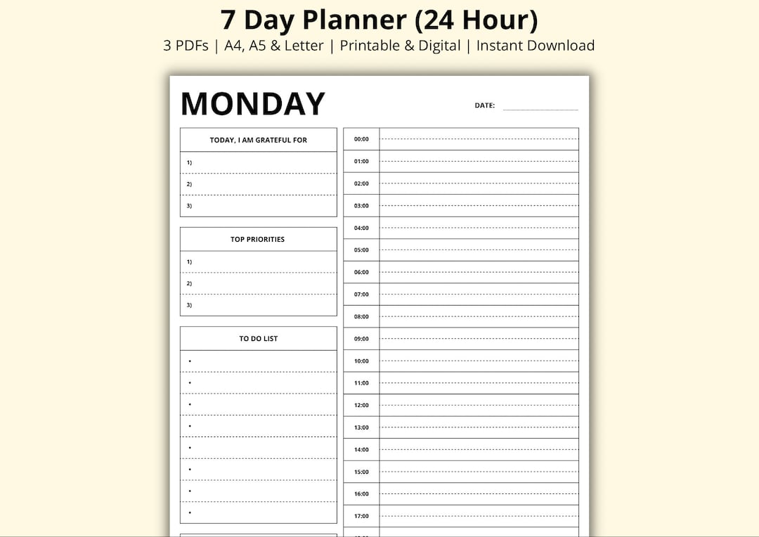7 Day Planner, 30 Minute Schedule, 24 Hour Daily Planner Inserts, Time ...