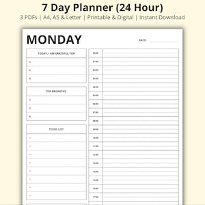 7 Day Planner, 30 Minute Schedule, 24 Hour Daily Planner Inserts, Time Blocking Template, Daily Task List, Printable/Digital, A4/A5/Letter