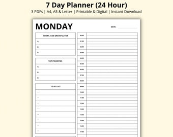 Puede incluir: Un planificador de lunes imprimible en blanco y negro con secciones para "Hoy, estoy agradecido por", "Principales prioridades" y "Lista de tareas". El planificador está diseñado para un día de 24 horas e incluye franjas horarias de 00:00 a 17:00.
