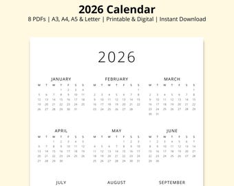 Calendario 2026, Calendario anual simple, Calendario vertical imprimible, Calendario de escritorio, Calendario de pared, Calendario de un vistazo, A3/A4/A5/Carta