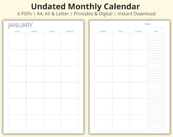 Undated Monthly Calendar Template, Month on Two Pages, Month At a Glance, Jan- Dec Planner, Monthly Planner, Printable/Digital, A4/A5/Letter