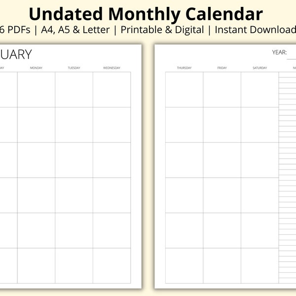 Blank Portrait Calendar Template - Etsy