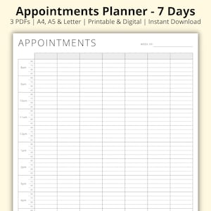 Appointment Planner, 15 Minute Planner, 7 Day Weekly Schedule, Appointment Sheet, Appointment Diary Tracker, Printable/Digital, A4/A5/Letter