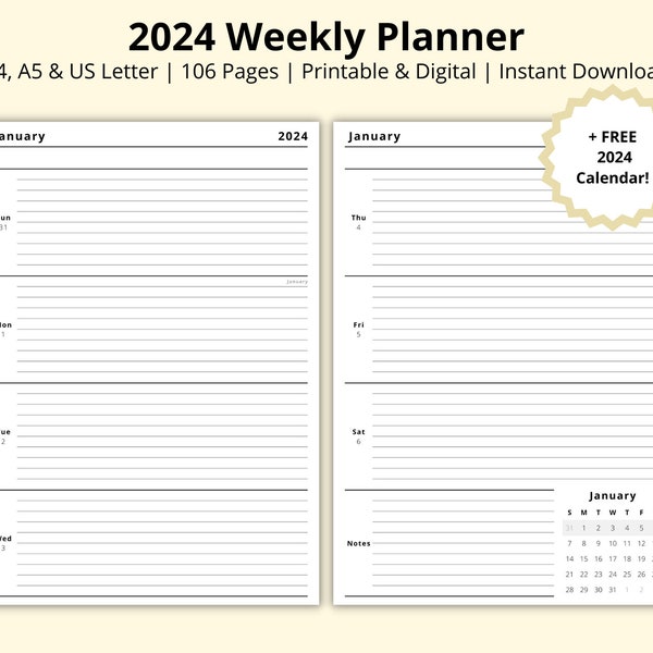 2024 Weekly Planner, Dated Yearly Calendar, 2024 Calendar, WO2P, Annual Planner, Week at a Glance, Printable/Digital Diary, A4/A5/Letter