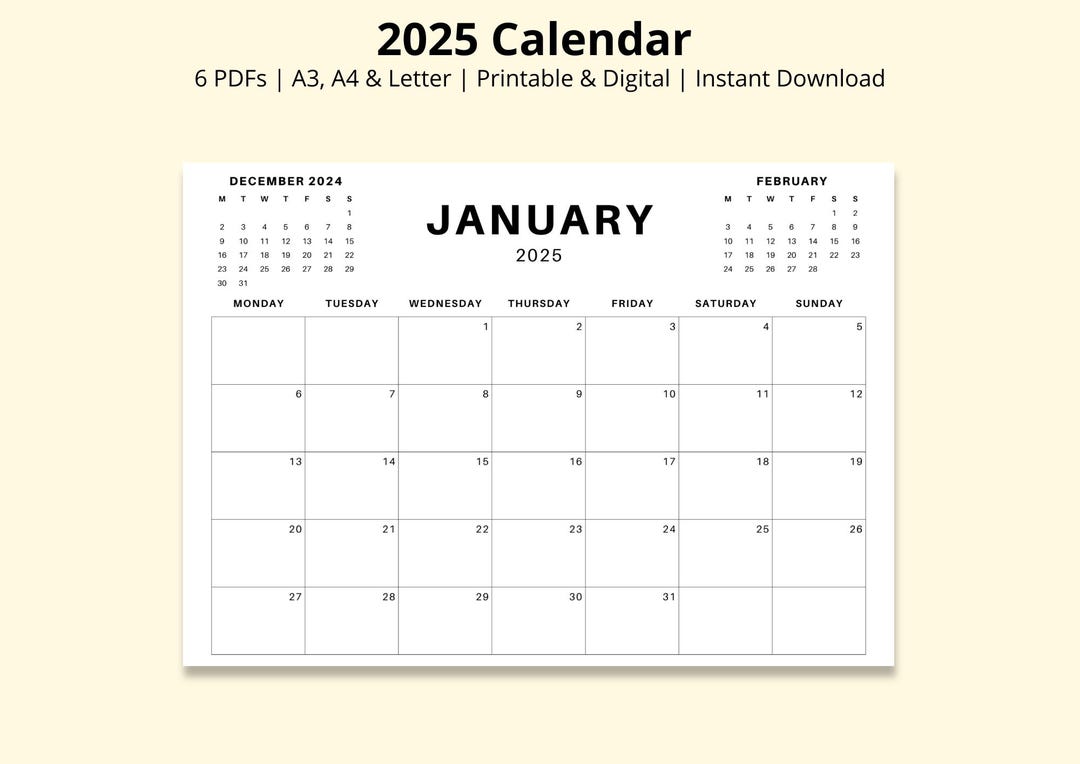 2025 Calendar 3 Months per Page, Simple Landscape Calendar PDF, 12 ...